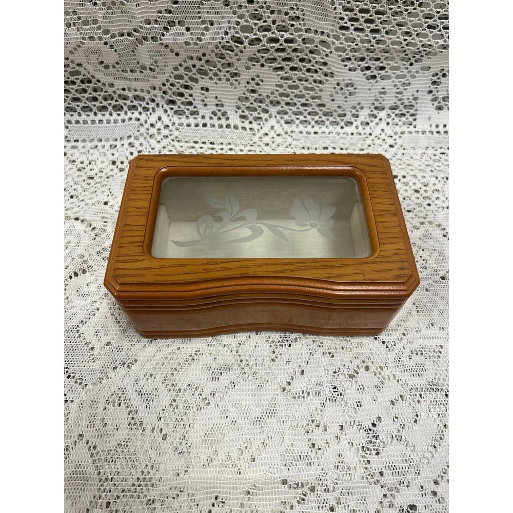 Vintage Linden Wooden Jewelry/Trinket Box with Etched Glass Flowers & Hinged Lid
